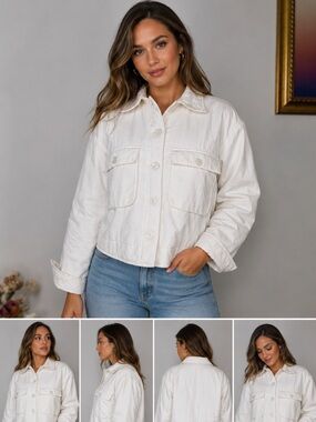 Clare V cropped puffer 
Cropped White Utility Jacket with Front Pockets